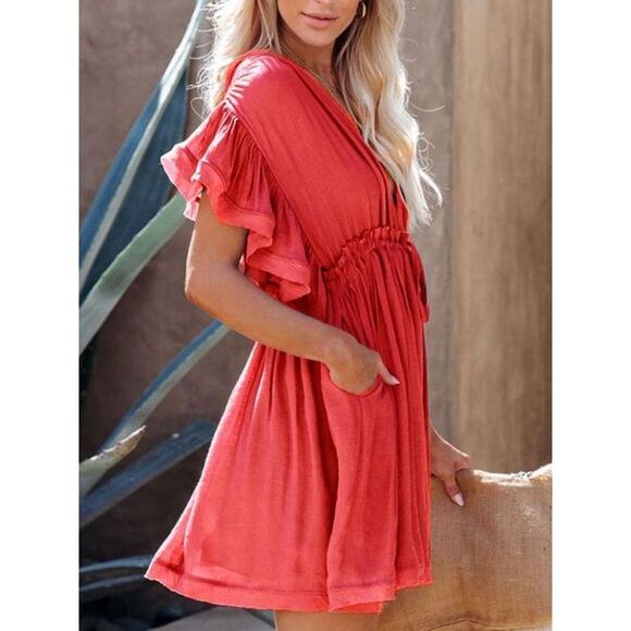 Everyday the Label Drawstring Ruffled Half Sleeve Mini Dress Women Deep Red - Picture 3 of 4